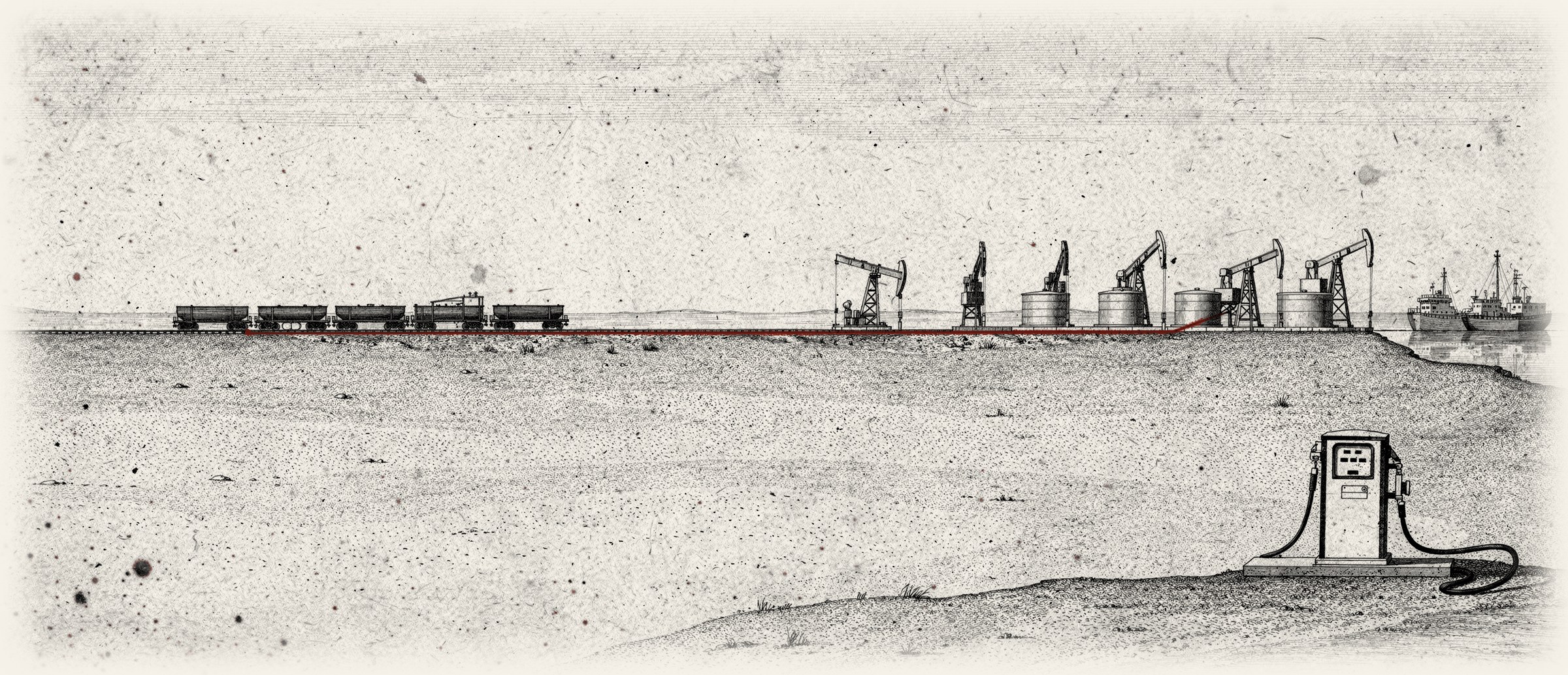 Grabado antiguo: bombas petroleras en una cuenca desértica, carros tanque, buques en un puerto y un surtidor de gasolina